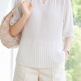 French Pearl Embellished Round Neck Shirt - liwisi