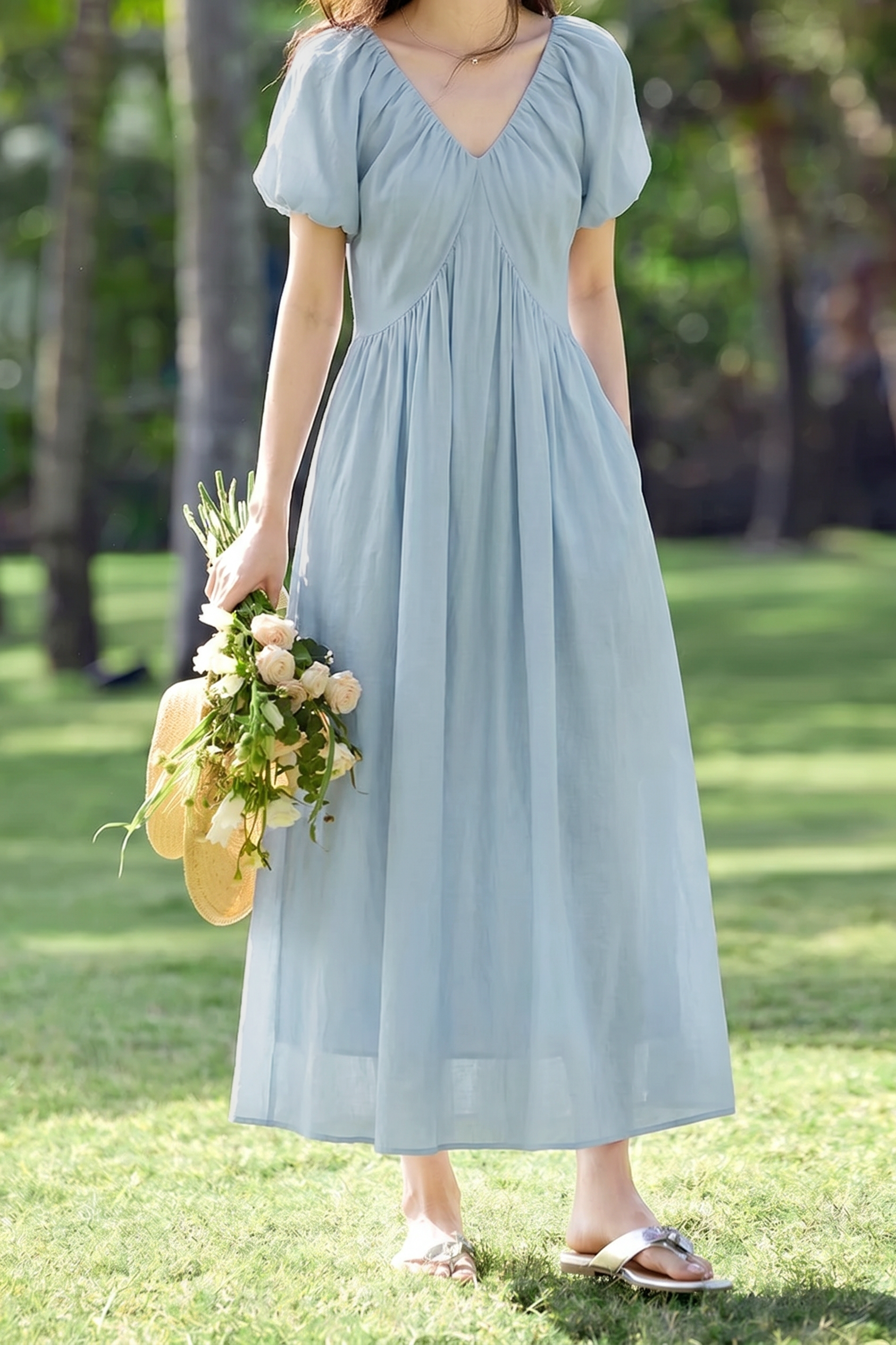 French V Neck Puff Sleeve Dress - liwisi