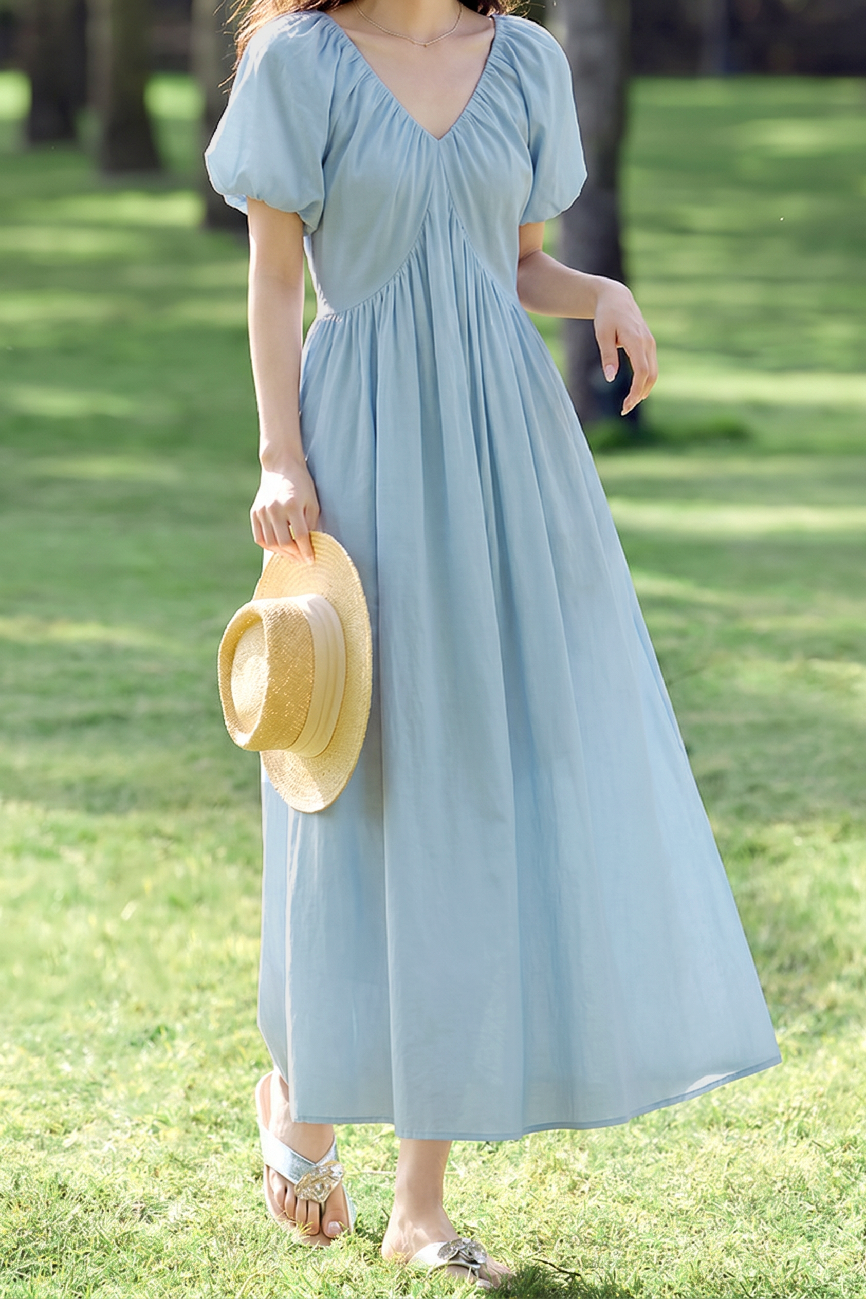 French V Neck Puff Sleeve Dress - liwisi