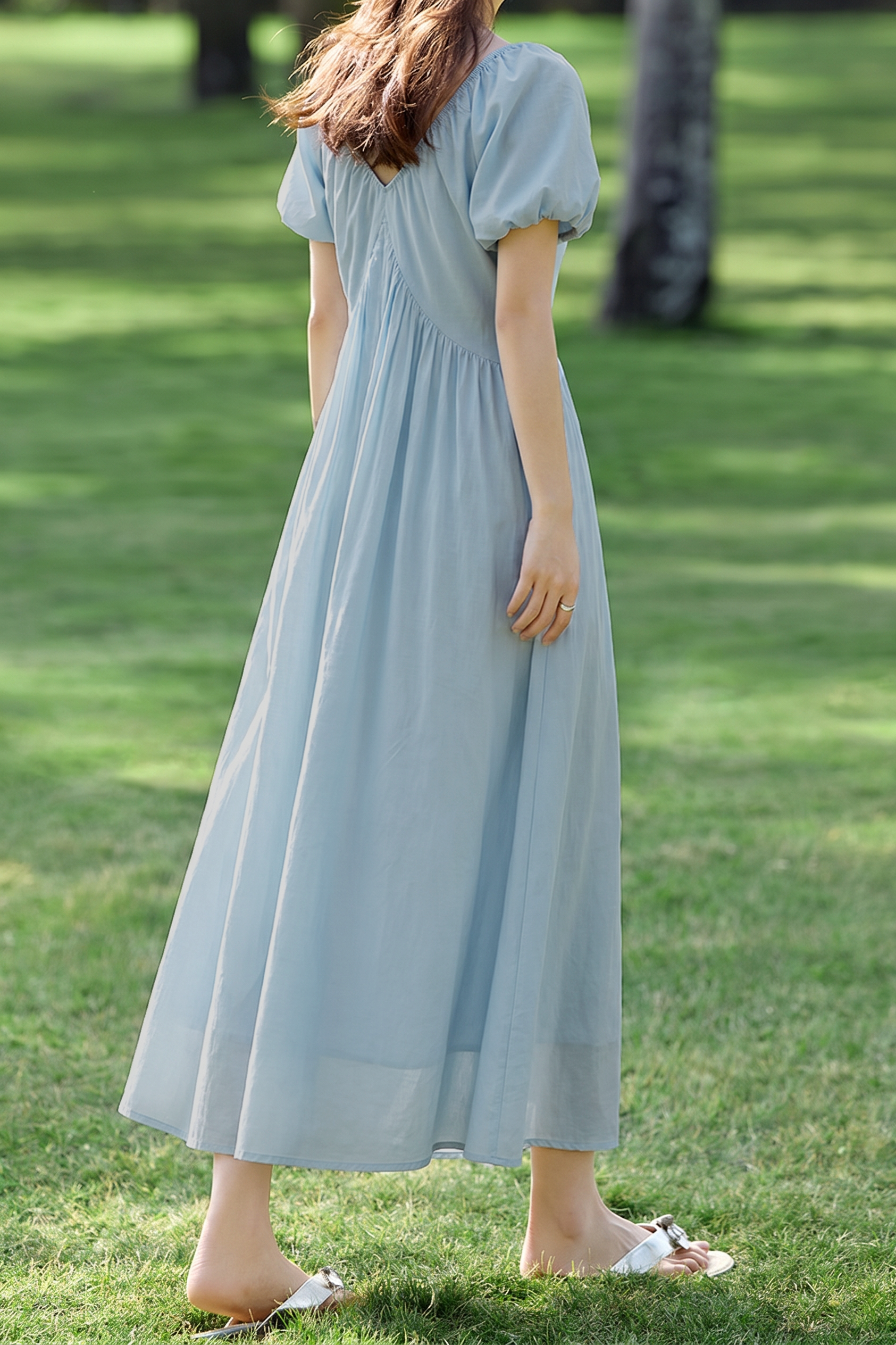 French V Neck Puff Sleeve Dress - liwisi