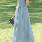 French V Neck Puff Sleeve Dress - liwisi