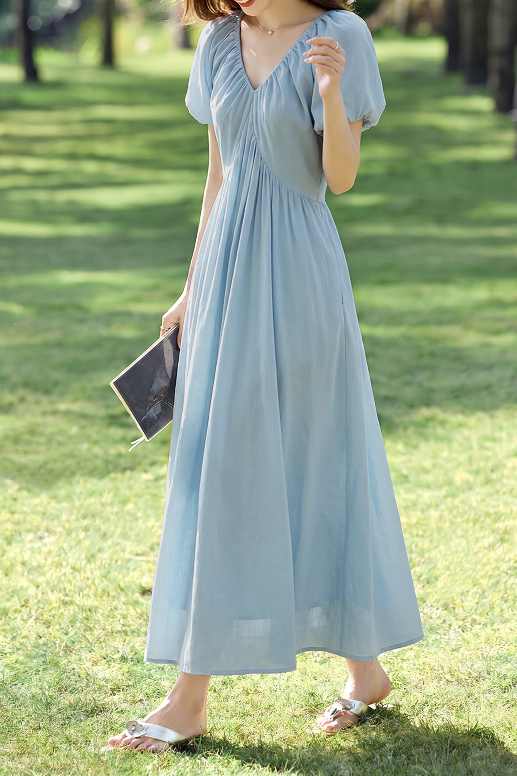 French V Neck Puff Sleeve Dress - liwisi