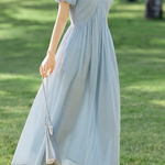 French V Neck Puff Sleeve Dress - liwisi