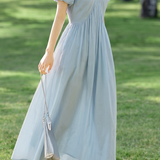 French V Neck Puff Sleeve Dress - liwisi
