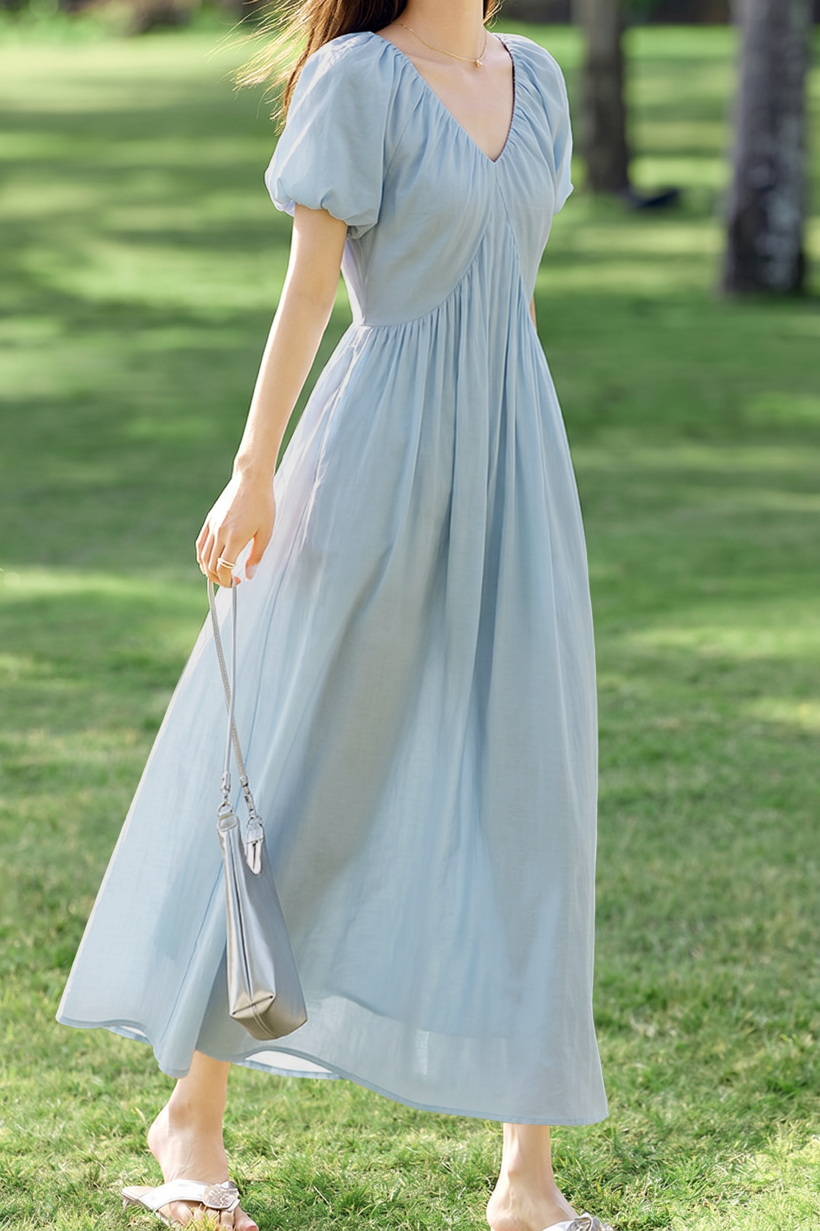 French V Neck Puff Sleeve Dress - liwisi