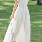 French V Neck Puff Sleeve Dress - liwisi