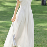 French V Neck Puff Sleeve Dress - liwisi