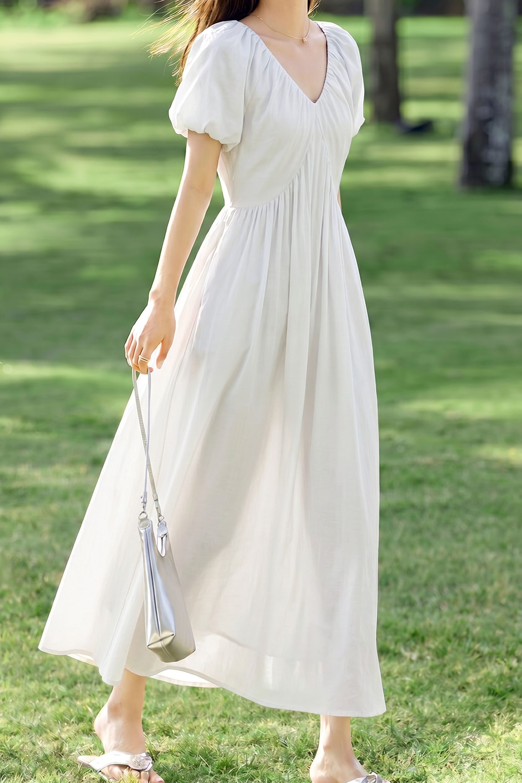 French V Neck Puff Sleeve Dress