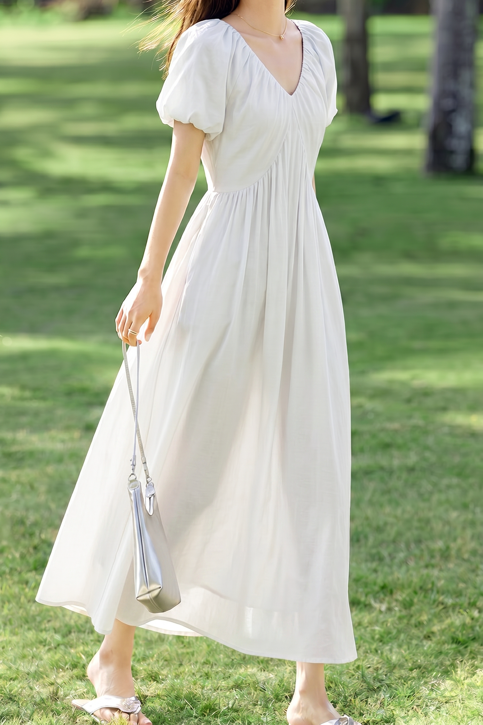 French V Neck Puff Sleeve Dress - liwisi