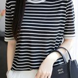 Elegant Color Block Striped Round Neck Knit Sweater - liwisi