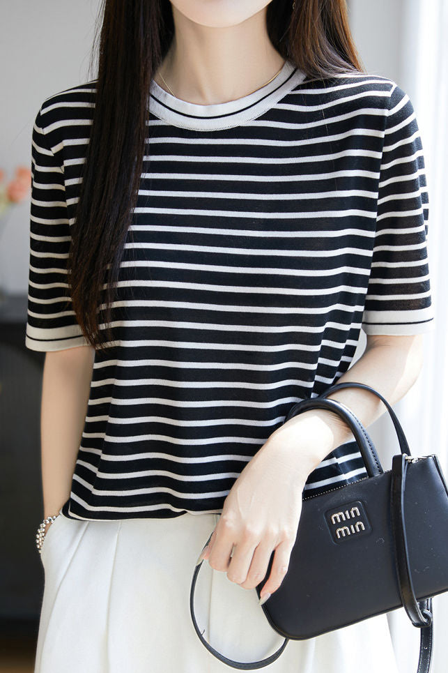 Elegant Color Block Striped Round Neck Knit Sweater - liwisi