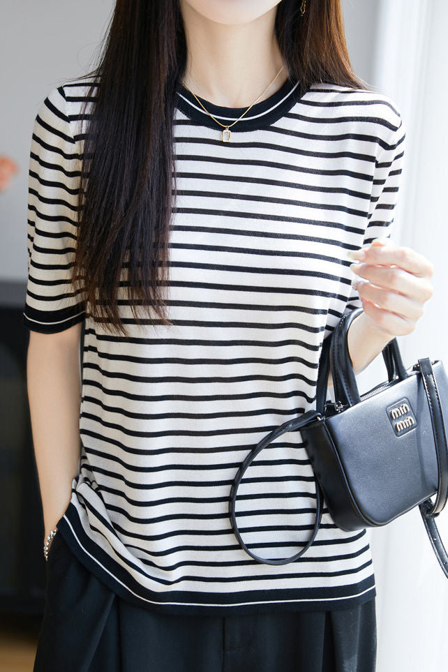 Elegant Color Block Striped Round Neck Knit Sweater - liwisi
