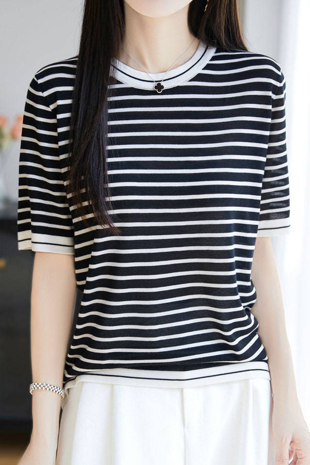 Elegant Color Block Striped Round Neck Knit Sweater - liwisi