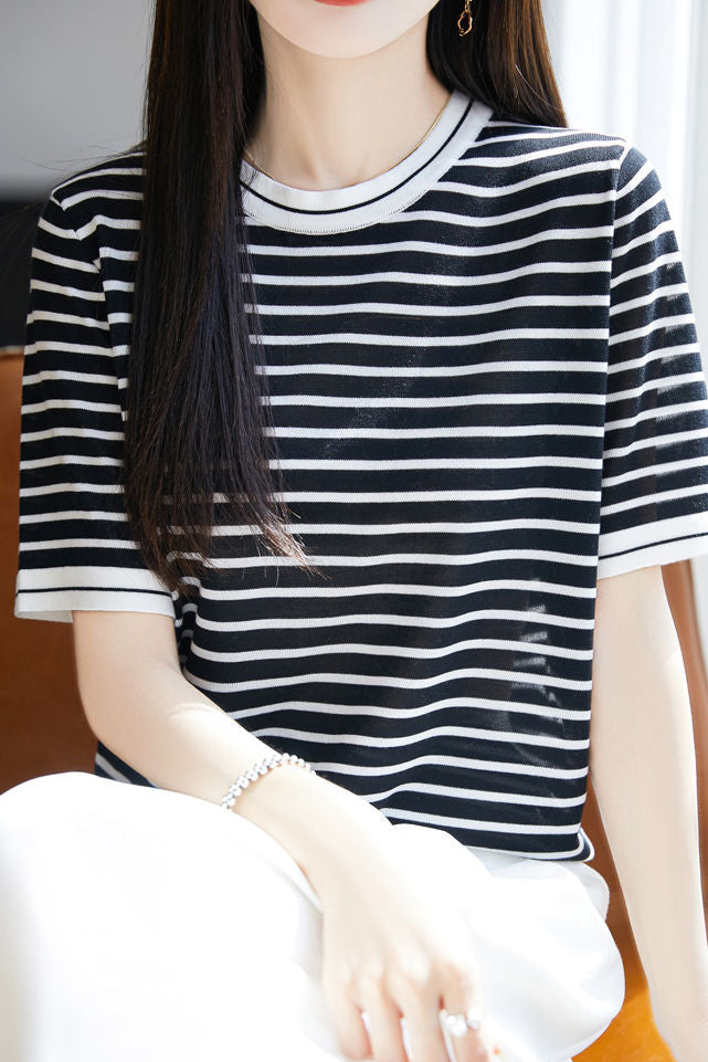 Elegant Color Block Striped Round Neck Knit Sweater - liwisi