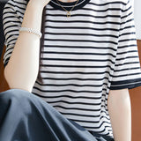 Elegant Color Block Striped Round Neck Knit Sweater - liwisi