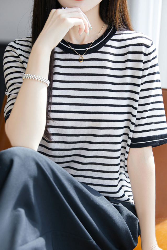 Elegant Color Block Striped Round Neck Knit Sweater - liwisi
