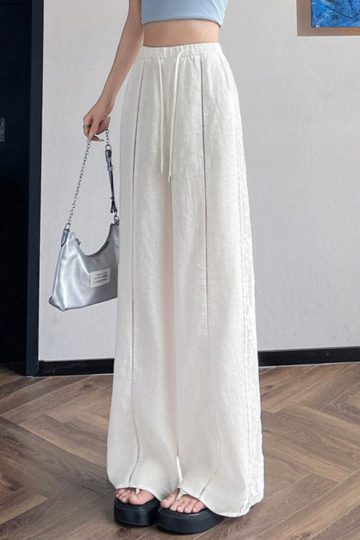 Casual Linen Lace High Waist Wide Leg Pants - liwisi