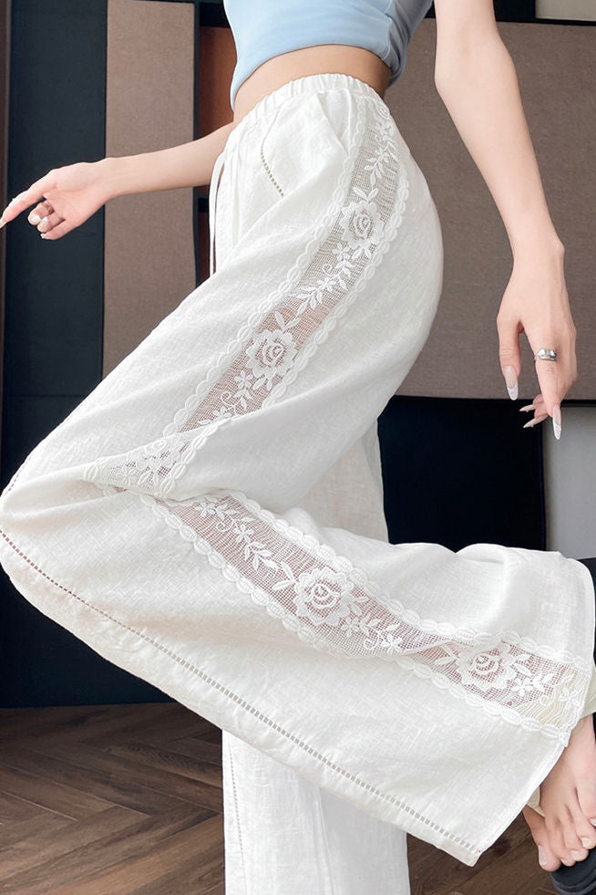 Casual Linen Lace High Waist Wide Leg Pants - liwisi