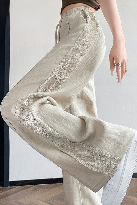 Casual Linen Lace High Waist Wide Leg Pants - liwisi