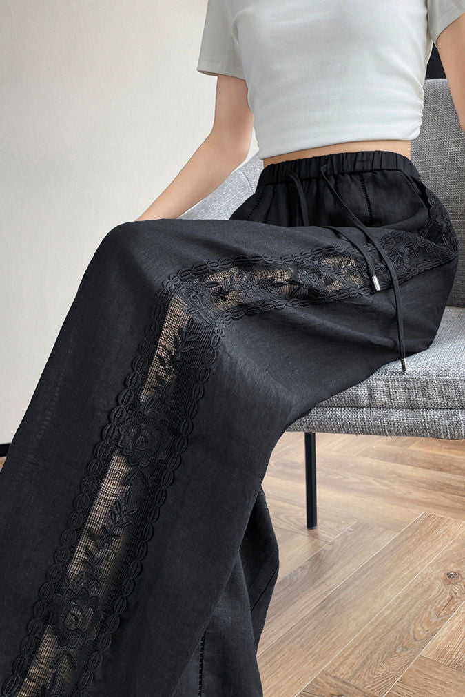 Casual Linen Lace High Waist Wide Leg Pants - liwisi