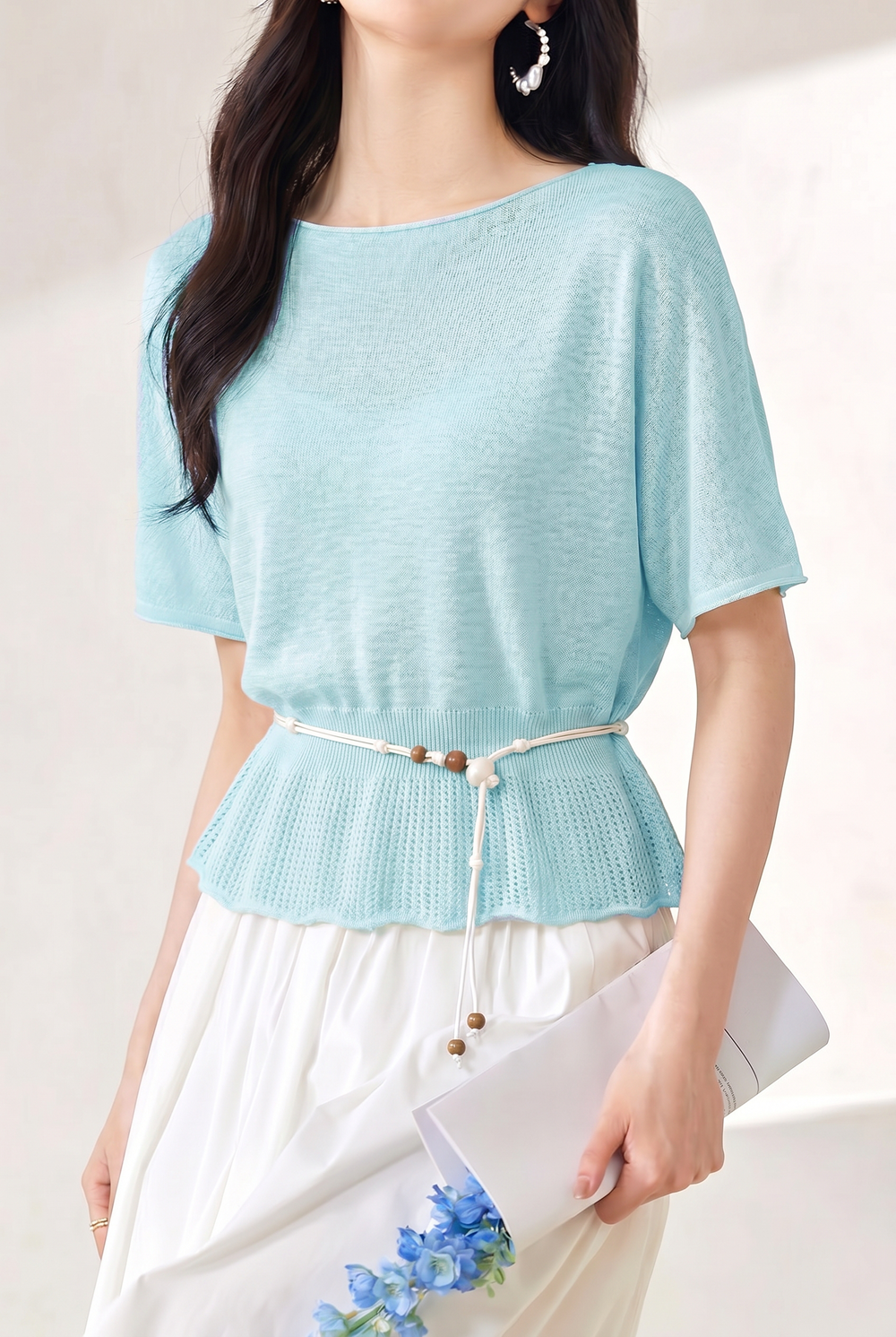 Casual Round Neck Knit Sweater With Belt - liwisi