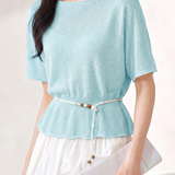 Casual Round Neck Knit Sweater With Belt - liwisi