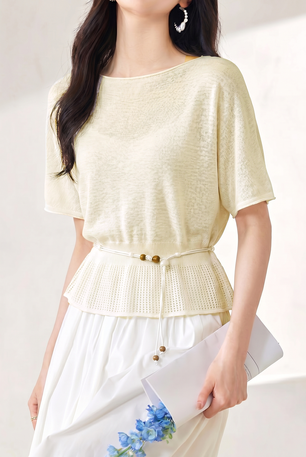 Casual Round Neck Knit Sweater With Belt - liwisi