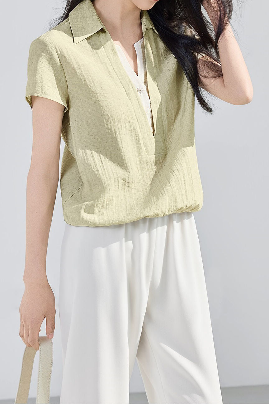 Casual Color Block Fake Two-Piece Linen Shirt - liwisi
