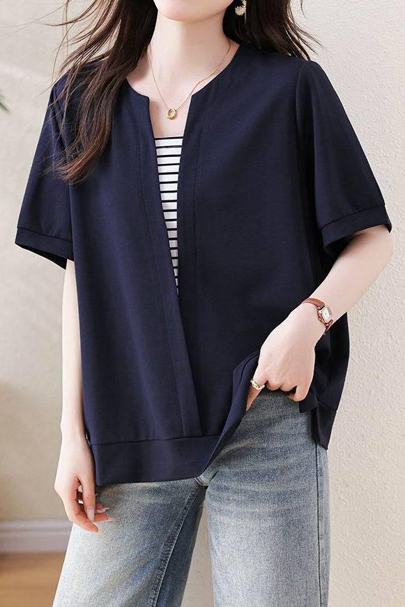 Casual Striped Fake Two-Piece T-Shirt - liwisi