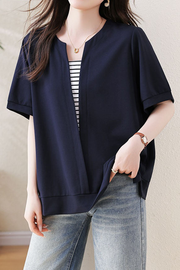 Casual Striped Fake Two-Piece T-Shirt - liwisi