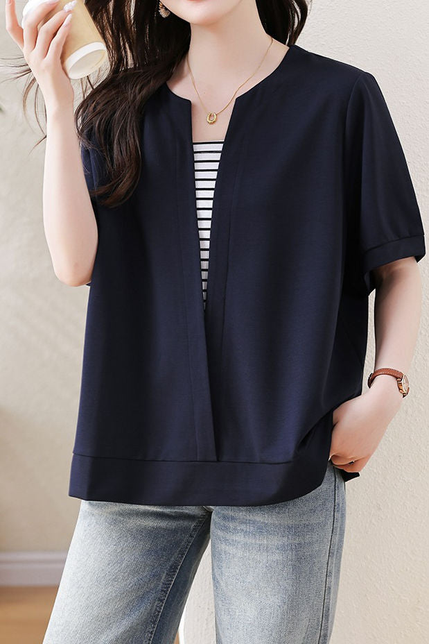 Casual Striped Fake Two-Piece T-Shirt - liwisi