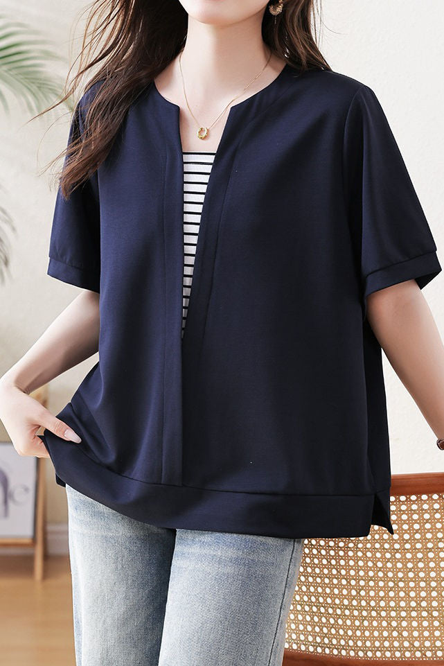 Casual Striped Fake Two-Piece T-Shirt - liwisi