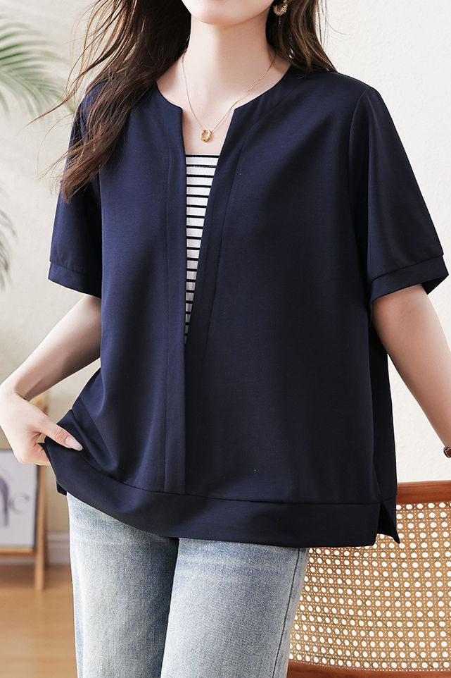 Casual Striped Fake Two-Piece T-Shirt - liwisi