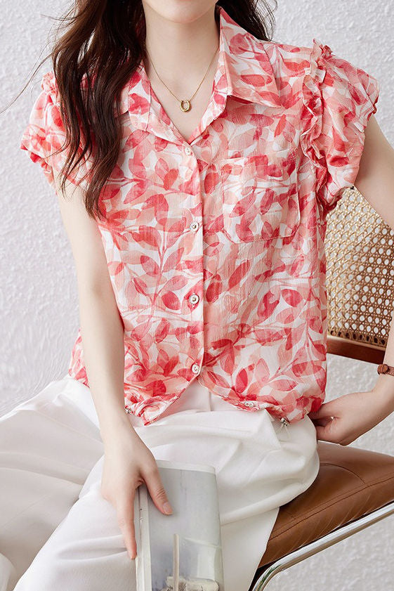 Elegant Ruffled Flutter Sleeve Printed Shirt - liwisi