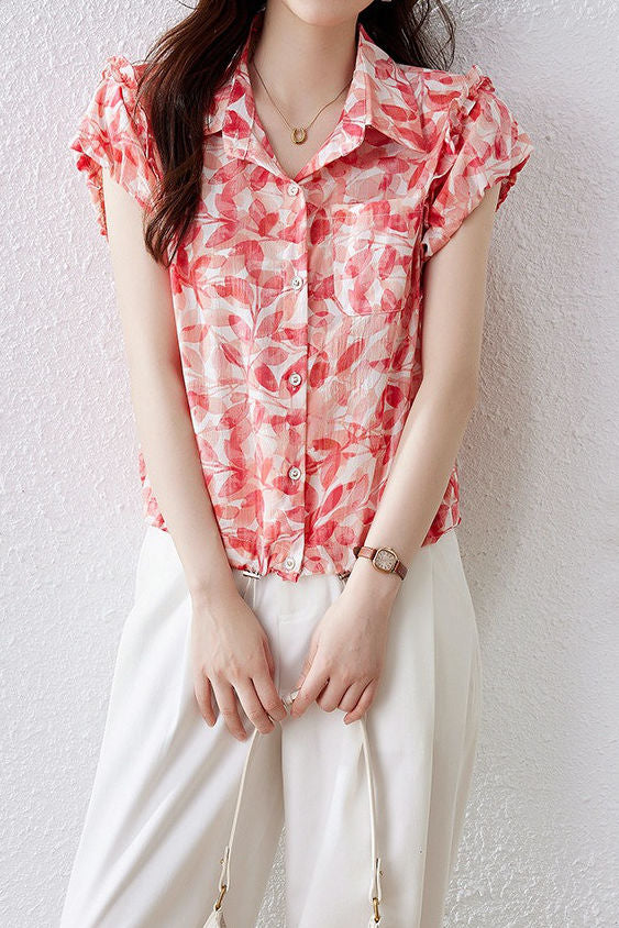 Elegant Ruffled Flutter Sleeve Printed Shirt - liwisi