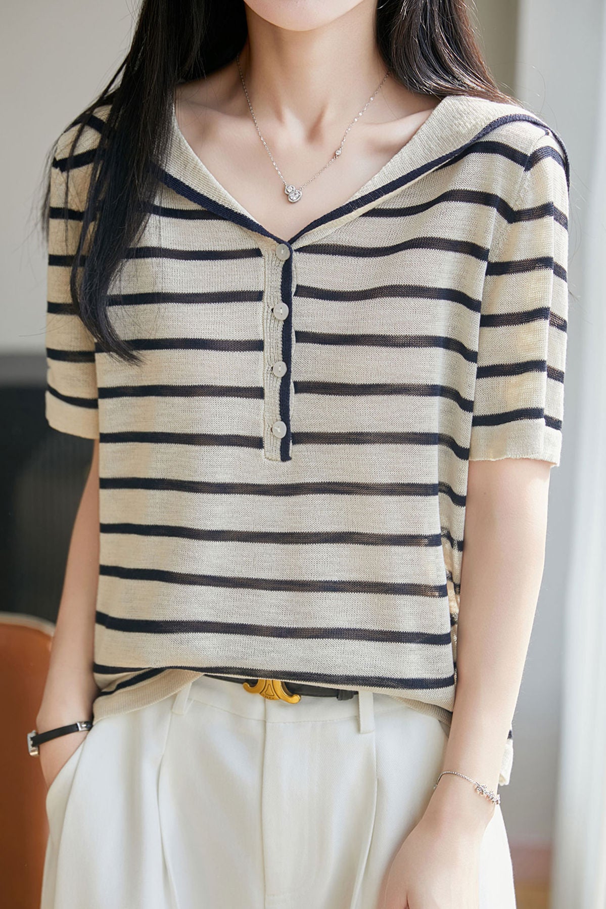 Elegant Navy Collar Color Block Knit Sweater - liwisi