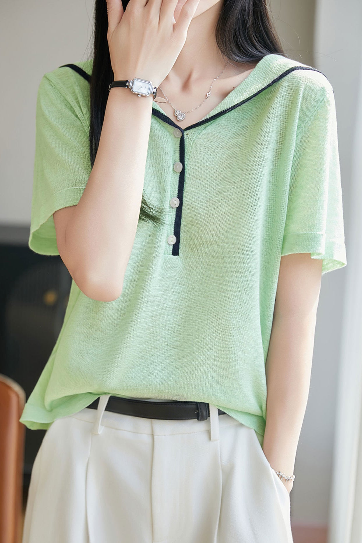 Elegant Navy Collar Color Block Knit Sweater - liwisi