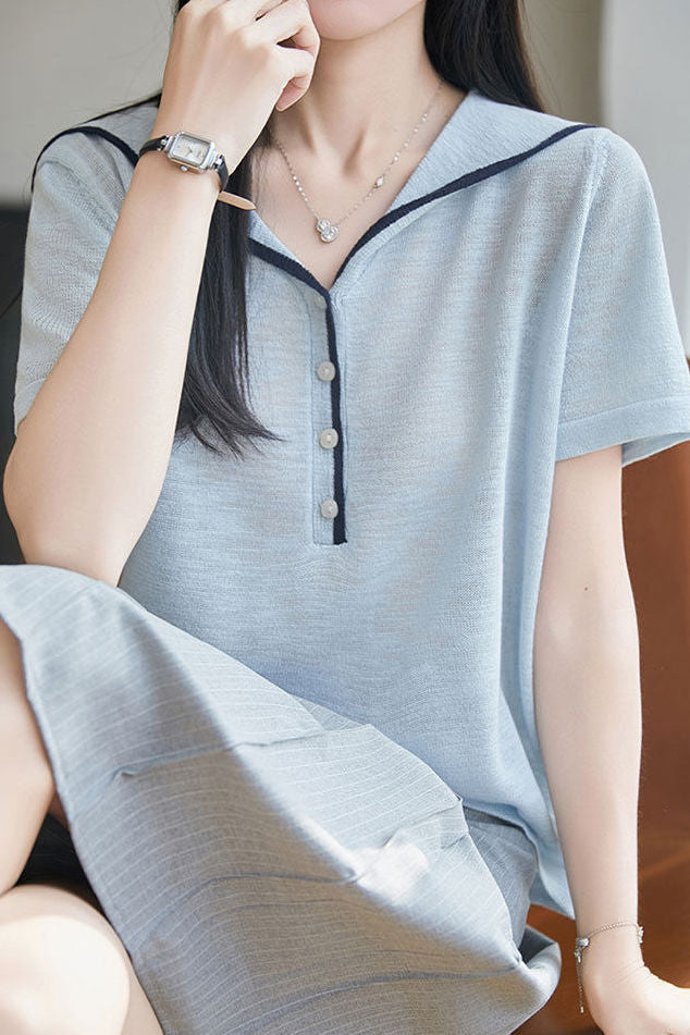 Elegant Navy Collar Color Block Knit Sweater - liwisi