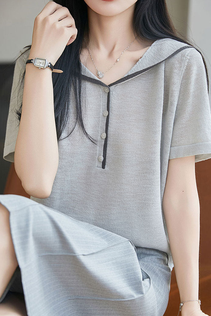 Elegant Navy Collar Color Block Knit Sweater - liwisi