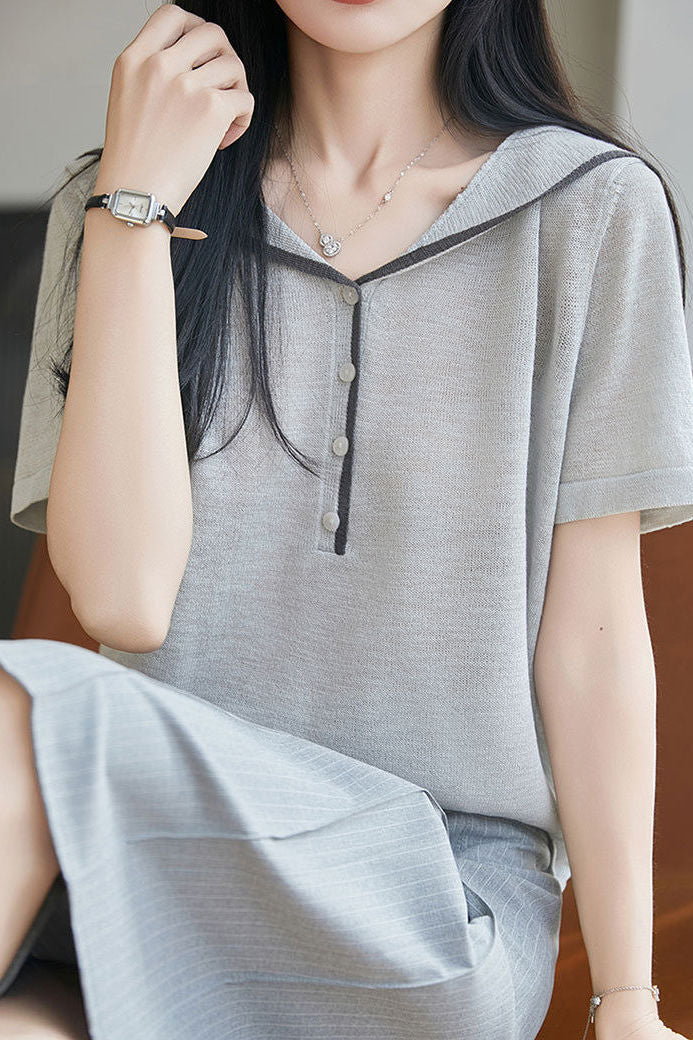Elegant Navy Collar Color Block Knit Sweater - liwisi