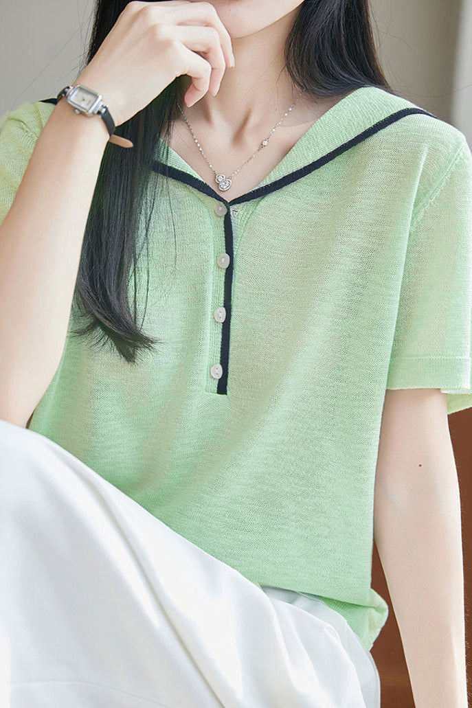 Elegant Navy Collar Color Block Knit Sweater - liwisi