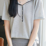 Elegant Navy Collar Color Block Knit Sweater - liwisi