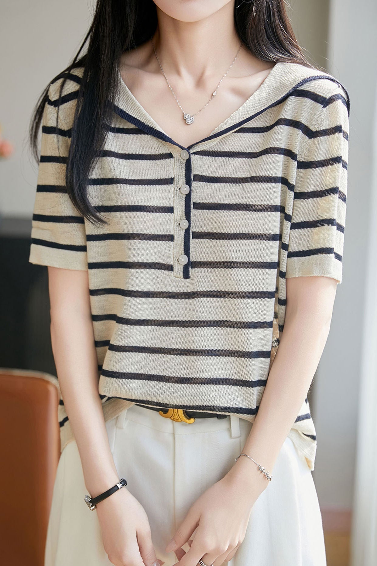 Elegant Navy Collar Color Block Knit Sweater - liwisi