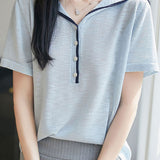 Elegant Navy Collar Color Block Knit Sweater - liwisi