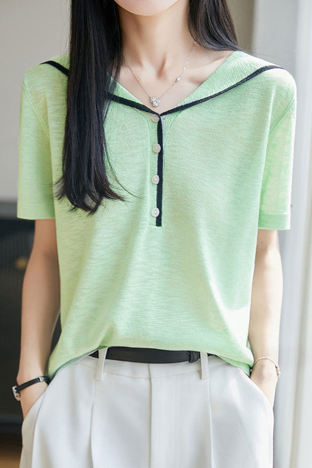 Elegant Navy Collar Color Block Knit Sweater - liwisi