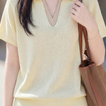Elegant V-Neck Fake Two-Piece Knit Sweater - liwisi