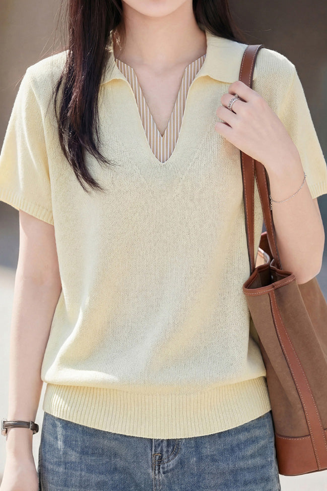 Elegant V-Neck Fake Two-Piece Knit Sweater - liwisi