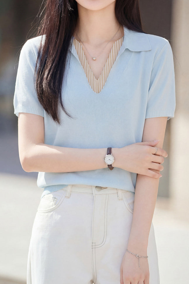 Elegant V-Neck Fake Two-Piece Knit Sweater - liwisi