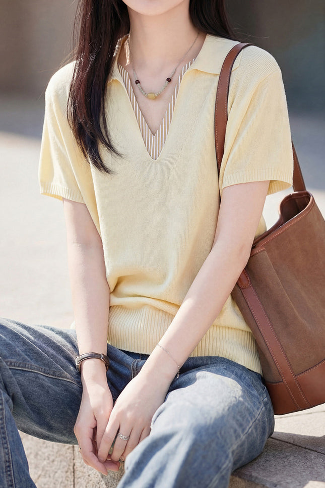 Elegant V-Neck Fake Two-Piece Knit Sweater - liwisi
