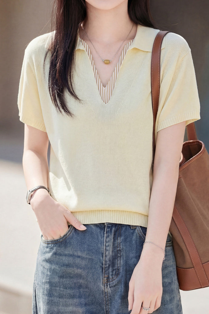 Elegant V-Neck Fake Two-Piece Knit Sweater - liwisi